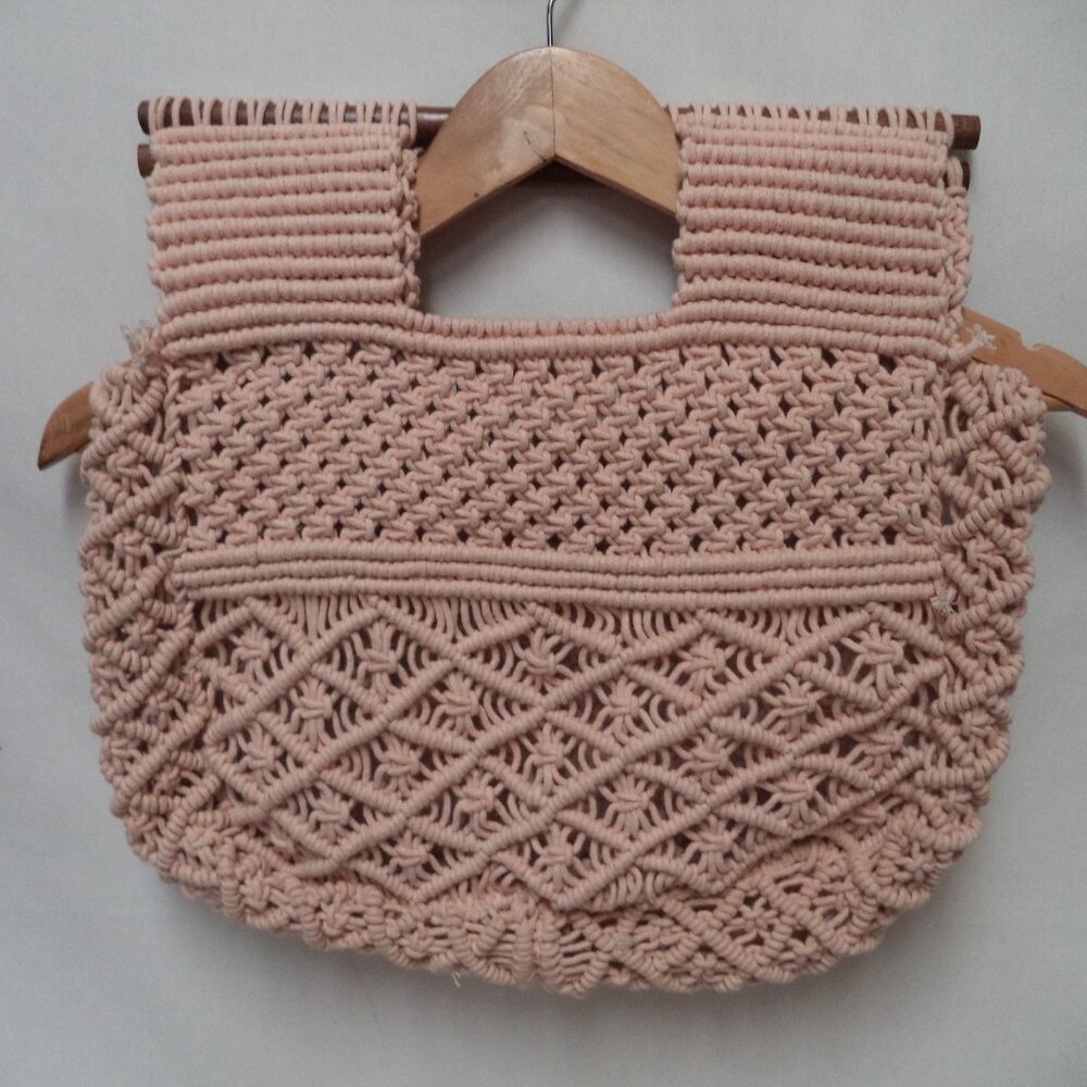 BAY SKY Macrame Crochet knit Wood Handle tote bag purse Boho pink handbag